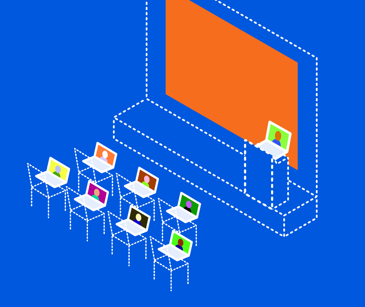 Image of virtual stage where all the attendees are laptops in chairs