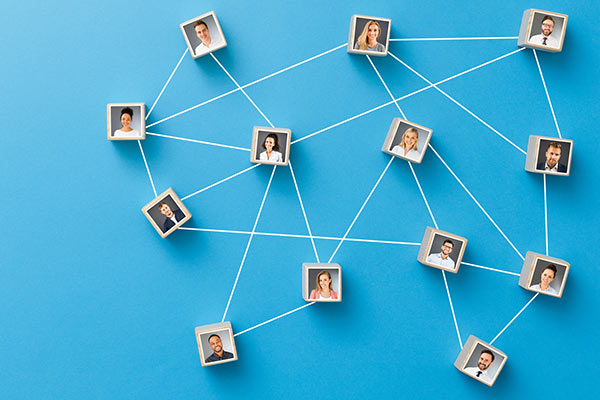 pictures on a blue background with ties connecting them